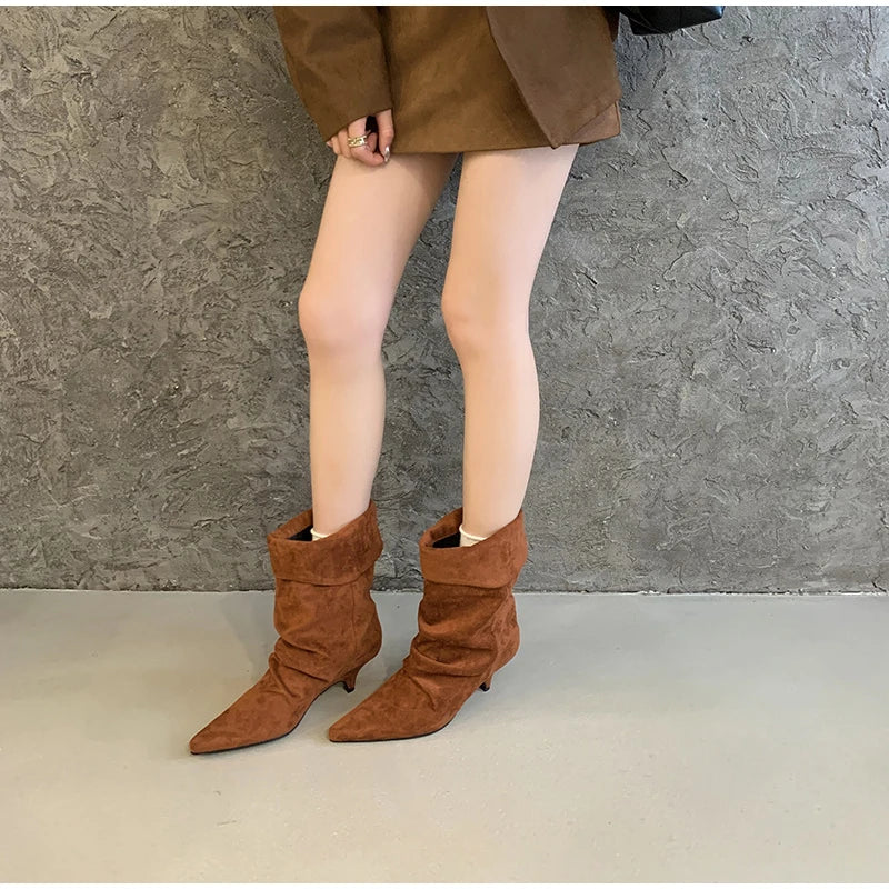 1003 - Damen Slouch Boots mit Keilabsatz & Weitem Schaft