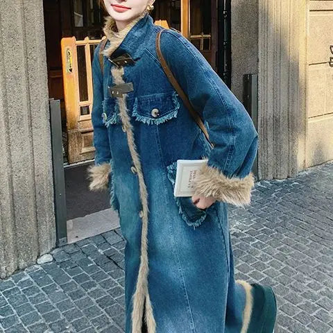 100 - Jeans Mantel Damen Lang Mit Lammwolle Patchwork