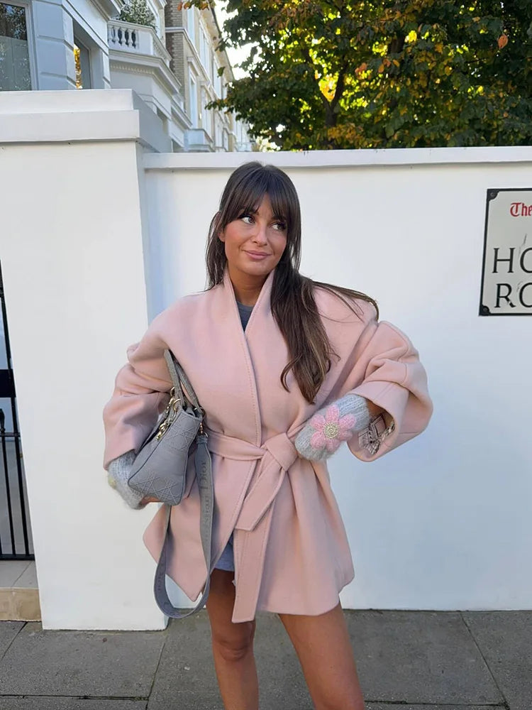 079 - Einfarbiger Schleifen-Mantel – Herbst/Winter Damenjacke