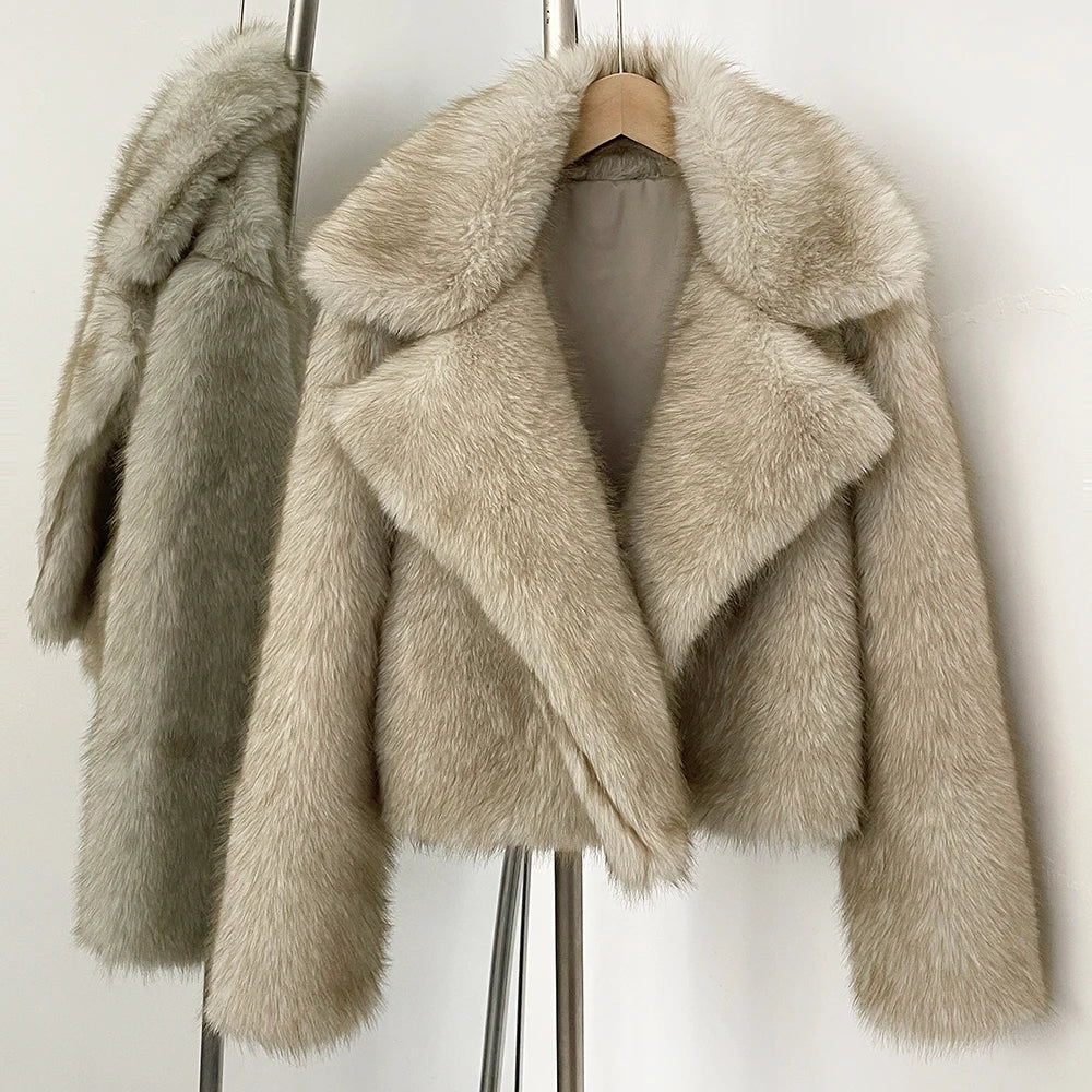 129 - Damen Faux Fur Kurzjacke Mit Kragen