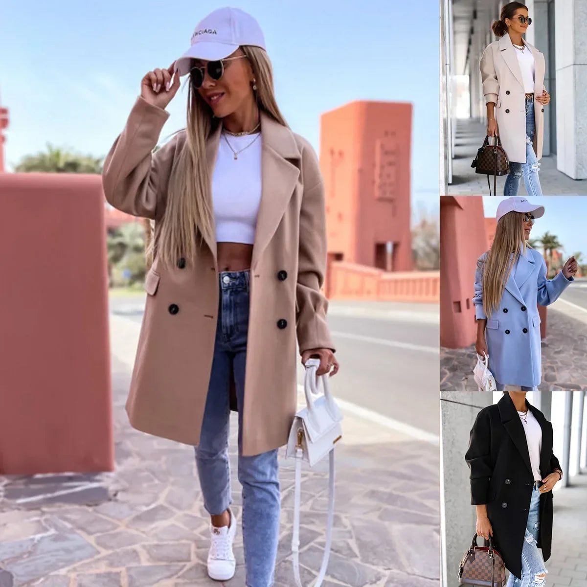 098 - Damen Zweireiher Mantel Lang Elegant