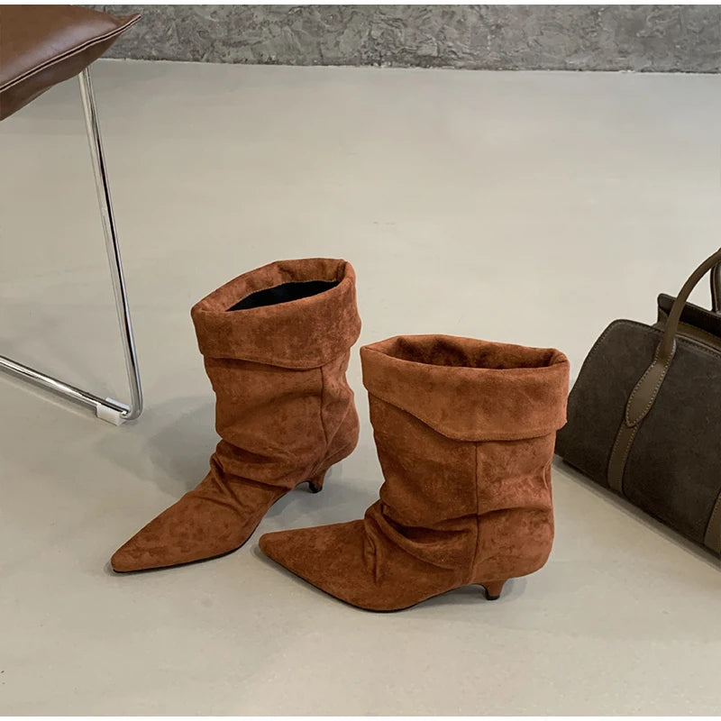1003 - Damen Slouch Boots mit Keilabsatz & Weitem Schaft