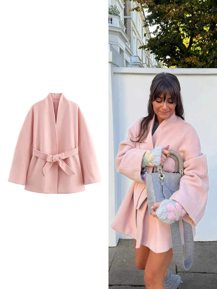 079 - Einfarbiger Schleifen-Mantel – Herbst/Winter Damenjacke