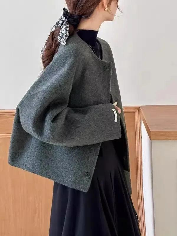 107 - Damen Kurzer Wollmantel Korean Oversized