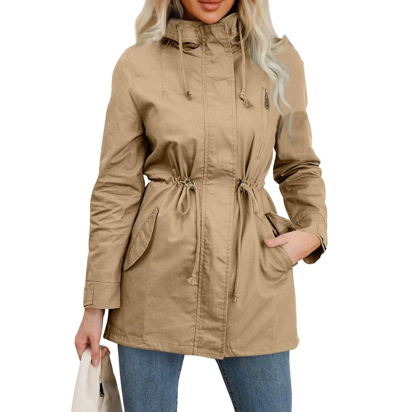 104 - Damen Trenchcoat Mit Kapuze & Taschen