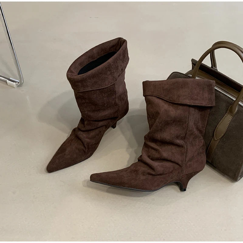 1003 - Damen Slouch Boots mit Keilabsatz & Weitem Schaft