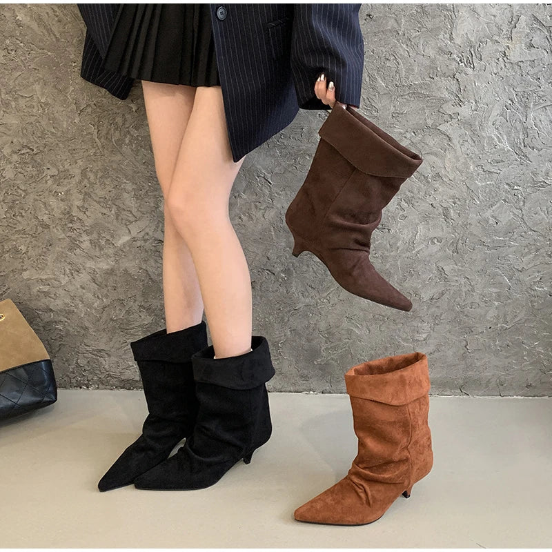 1003 - Damen Slouch Boots mit Keilabsatz & Weitem Schaft