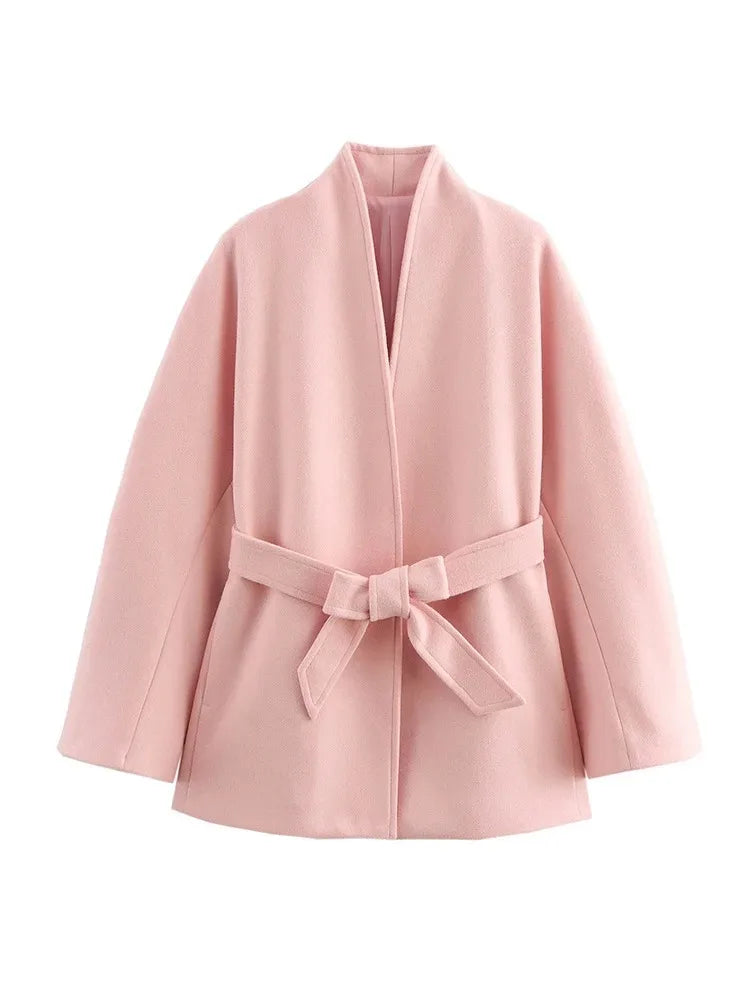 079 - Einfarbiger Schleifen-Mantel – Herbst/Winter Damenjacke